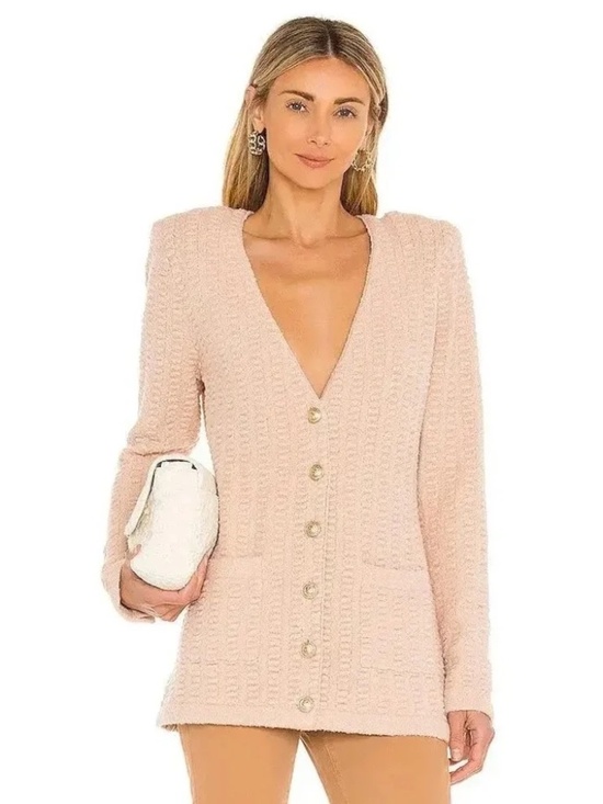 L'AGENCE Sweaters - L'AGENCE Sue Textured Knit Longline Cardigan Pink Petal Gold Button M